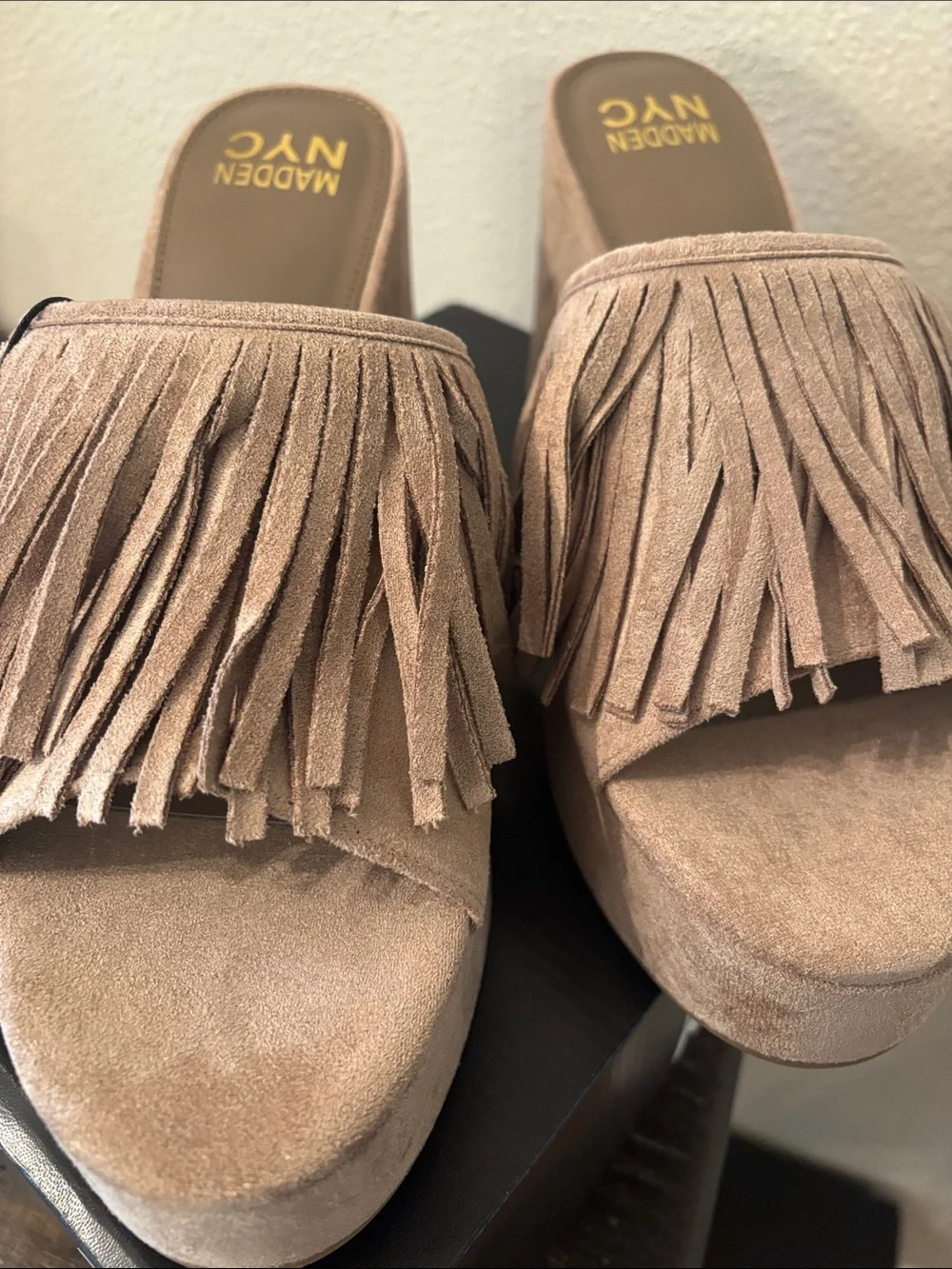 Madden NYC Women's Tan Suede Fringe Boho Platform Wedge Sandals - Size 10